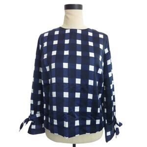 Banana Republic Blue Checkered Plaid Blouse XS Petite Bow Sleeves Top